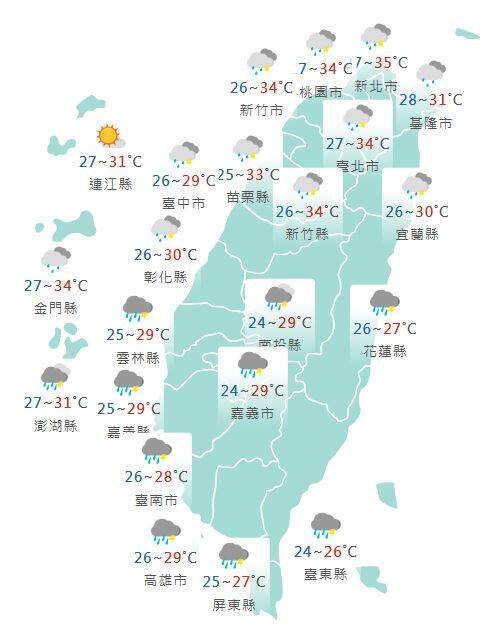 今日各地天氣預報概況。(圖擷取自中央氣象署) 今日各地天氣預報概況。(圖擷取自中央氣象署)