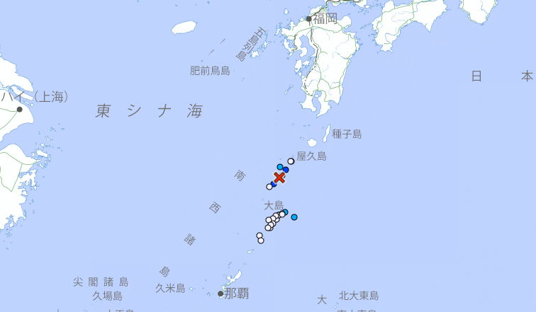 日本鹿兒島海域吐噶喇群島,6日下午接連發生規模4.8、5.4地震。(圖擷自日本氣象廳官網) 日本鹿兒島海域吐噶喇群島,6日下午接連發生規模4.8、5.4地震。(圖擷自日本氣象廳官網)