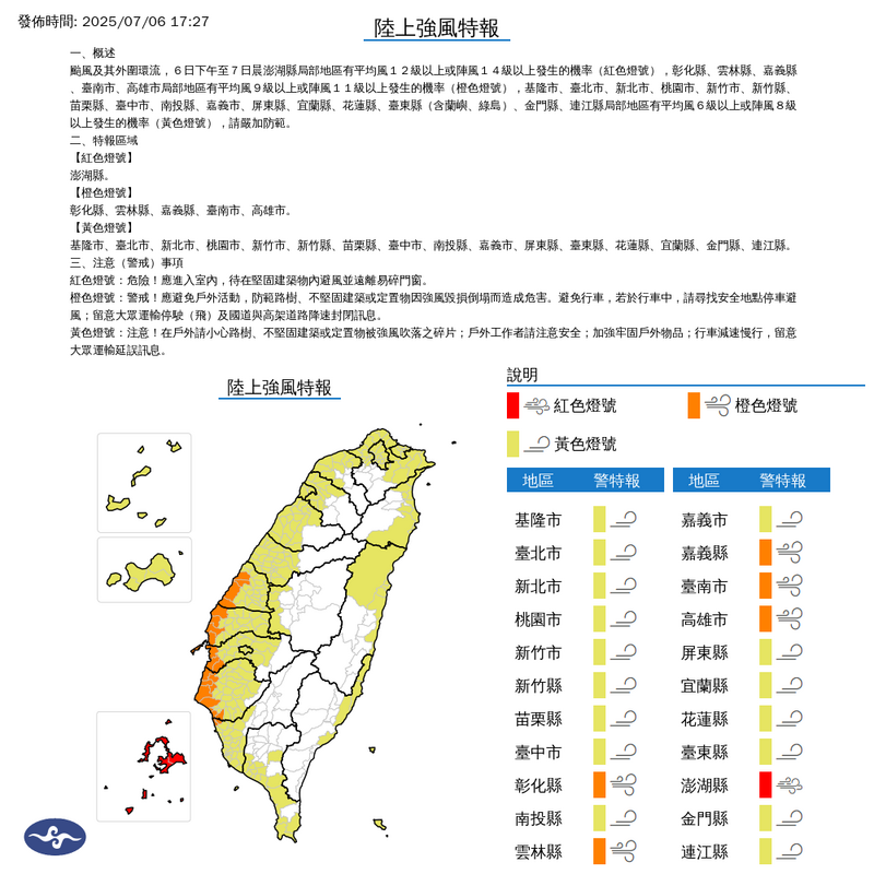 中央氣象署今(6日)17點27分對全台發布陸上強風特報。(擷取自中央氣象署) 中央氣象署今(6日)17點27分對全台發布陸上強風特報。(擷取自中央氣象署)