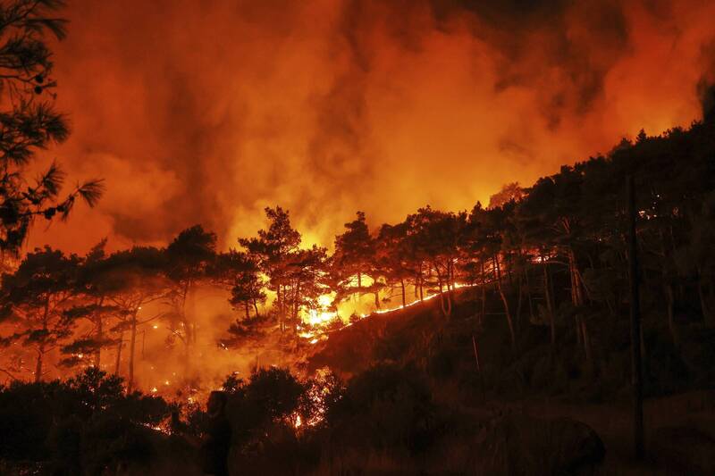 敘利亞西北部省分拉塔基亞連日野火肆虐，已有近萬公頃林地付之一炬。（美聯社）