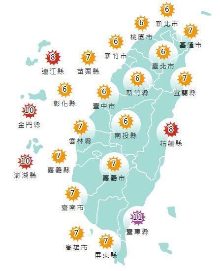 今日各地紫外線指數預報概況。(圖擷取自中央氣象署) 今日各地紫外線指數預報概況。(圖擷取自中央氣象署)