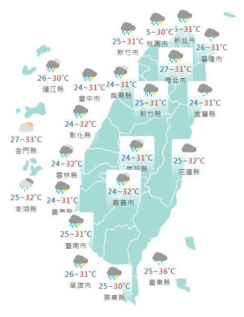 今日各地天氣預報概況。(圖擷取自中央氣象署) 今日各地天氣預報概況。(圖擷取自中央氣象署)