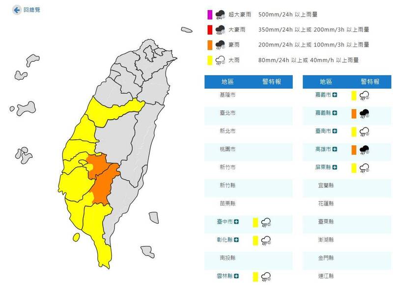氣象署發布豪雨、大雨特報。(圖擷取自中央氣象署) 氣象署發布豪雨、大雨特報。(圖擷取自中央氣象署)