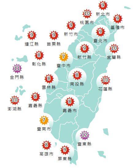 今日各地紫外線指數預報概況。(圖擷取自中央氣象署) 今日各地紫外線指數預報概況。(圖擷取自中央氣象署)