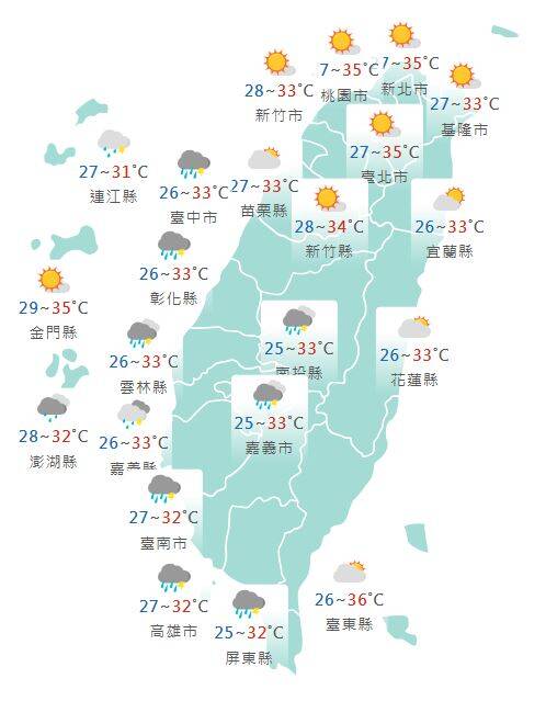 今日各地天氣預報概況。(圖擷取自中央氣象署) 今日各地天氣預報概況。(圖擷取自中央氣象署)
