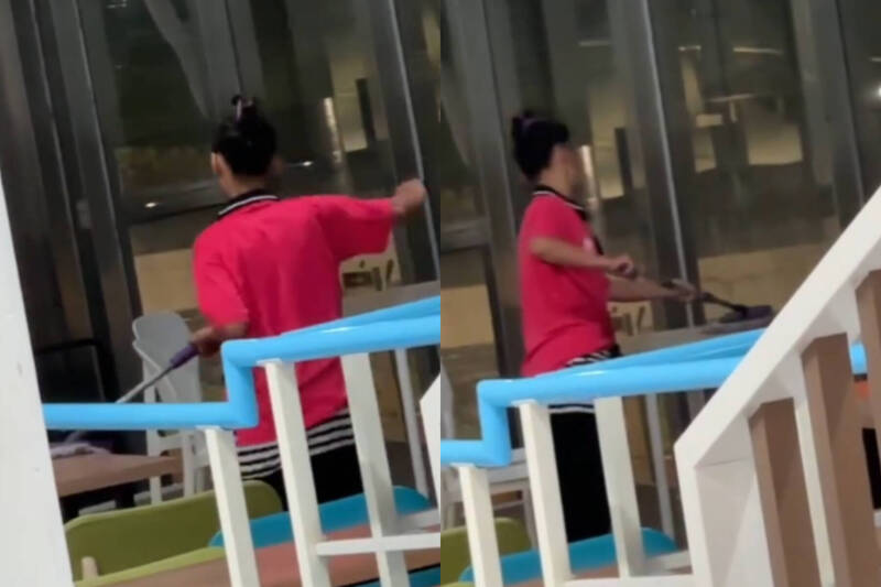 清水服務區的清潔人員用拖把擦桌子，嚇壞現場民眾及廣大網友。（本報合成，擷取自@terayang91/Threads）

