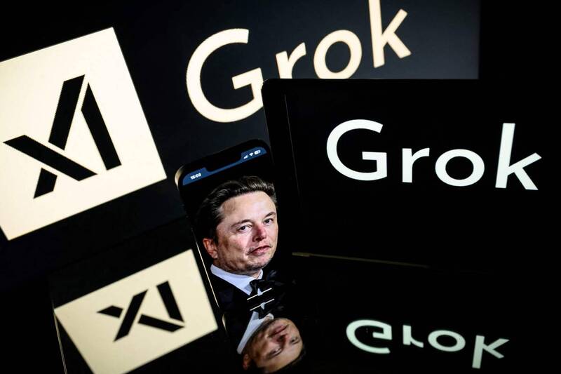馬斯克照片和Grok標誌。(法新社檔案照) 马斯克照片和Grok标志。 (法新社文件照)