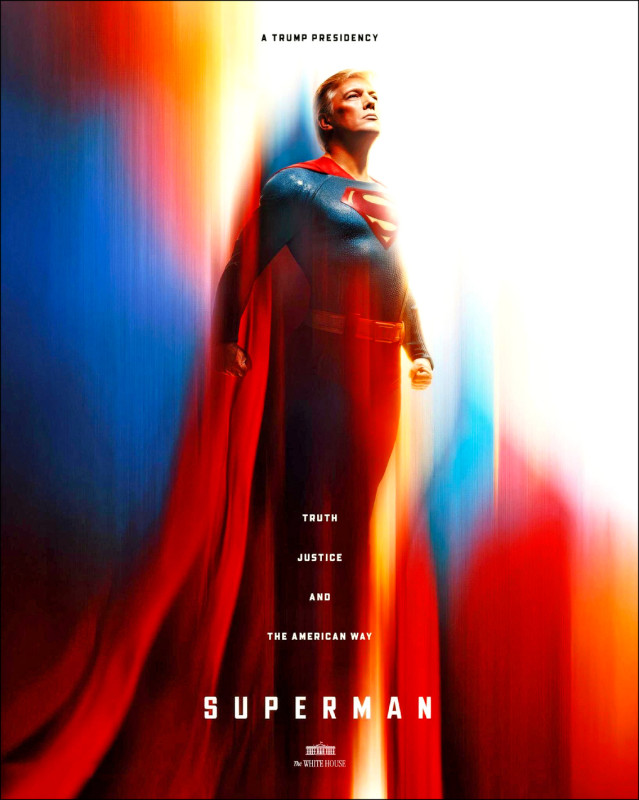 美國總統川普上任後，大力推動美國優先政策，白宮10日晚間發文貼出模擬電影《超人》海報的梗圖，川普化身超級英雄「超人」，發文寫道：「希望、真理、正義和美國之道的象徵，超人川普」。（圖取自白宮X帳號）
