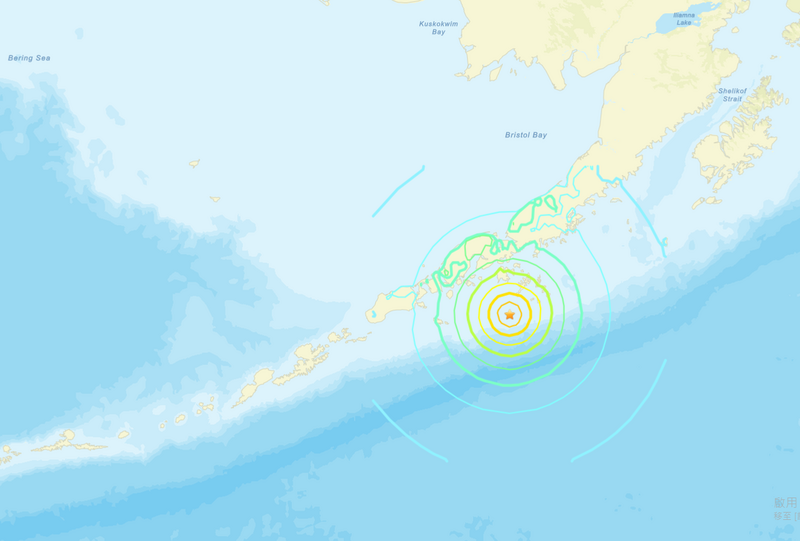 據美國地質調查所（USGS）指出，美國阿拉斯加州近海今晨發生規模7.3地震。後續當局也發布發布海嘯警報。（圖擷自USGS）