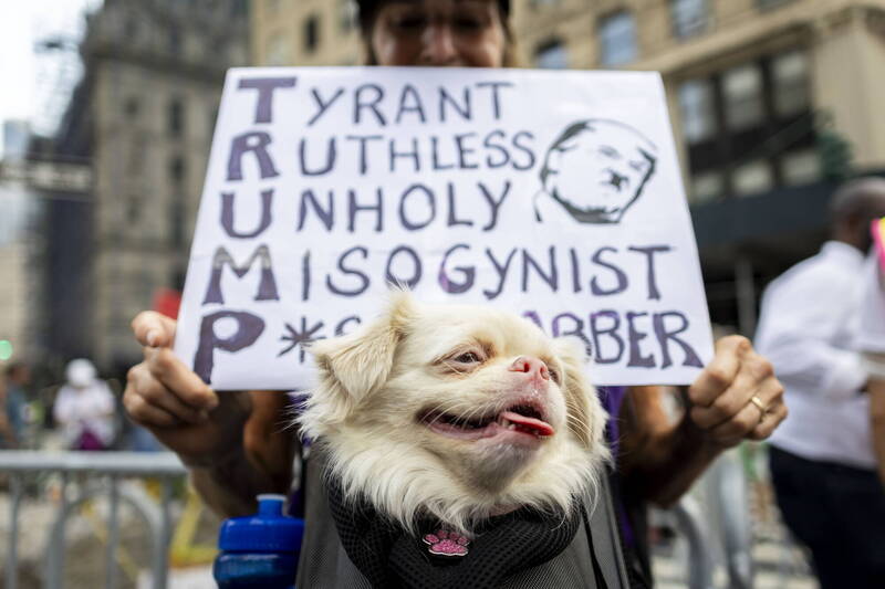 紐約市17日一場反川示威中，民眾舉起指控川普暴君、無情、邪惡、仇女的看板。（歐新社）