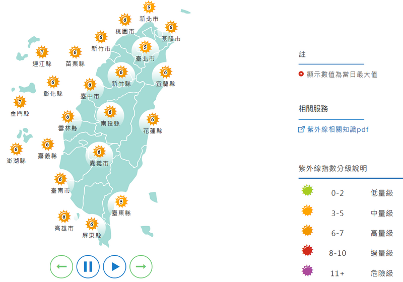 紫外線指數方面,週一多為「高量級」。(擷取自中央氣象署網站) 紫外線指數方面,週一多為「高量級」。(擷取自中央氣象署網站)