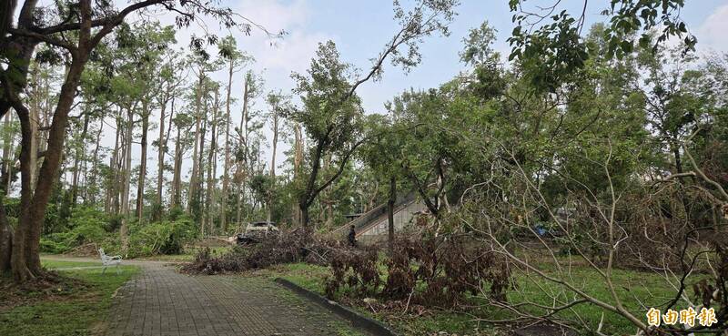 嘉義公園風災後滿目瘡痍，目前清除工作尚待完成。（記者丁偉杰攝）