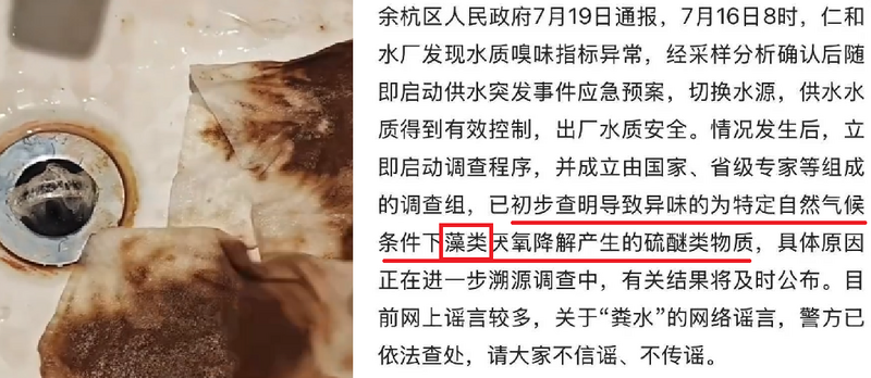 中國杭州餘杭區自來水被指滲入糞水，杭州市官方發布調查通報堅稱是水中藻類造成。（擷取自X平台、微博；本報合成）