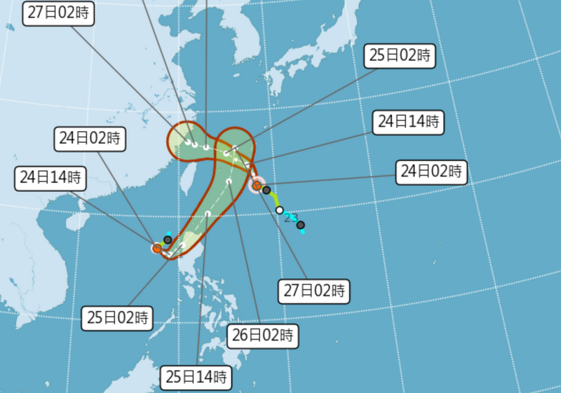 雙颱雖不會侵襲台灣,但氣象專家提醒,仍需持續留意外圍與季風環流影響天氣,預估明起至下週日中部以北有雨,並會伴隨較大雨勢及強陣風,下週一至週三各地也持續有局部陣雨。(圖擷自氣象署) 雙颱雖不會侵襲台灣,但氣象專家提醒,仍需持續留意外圍與季風環流影響天氣,預估明起至下週日中部以北有雨,並會伴隨較大雨勢及強陣風,下週一至週三各地也持續有局部陣雨。(圖擷自氣象署)