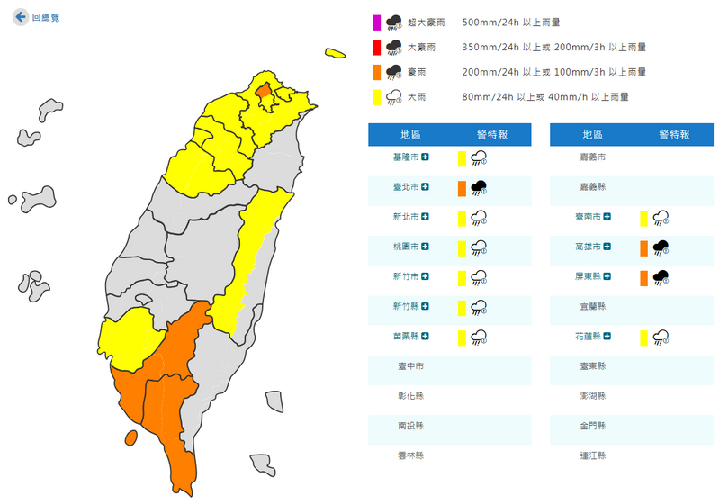 11縣市豪大雨特報 北市、高屏防雷擊和強陣風