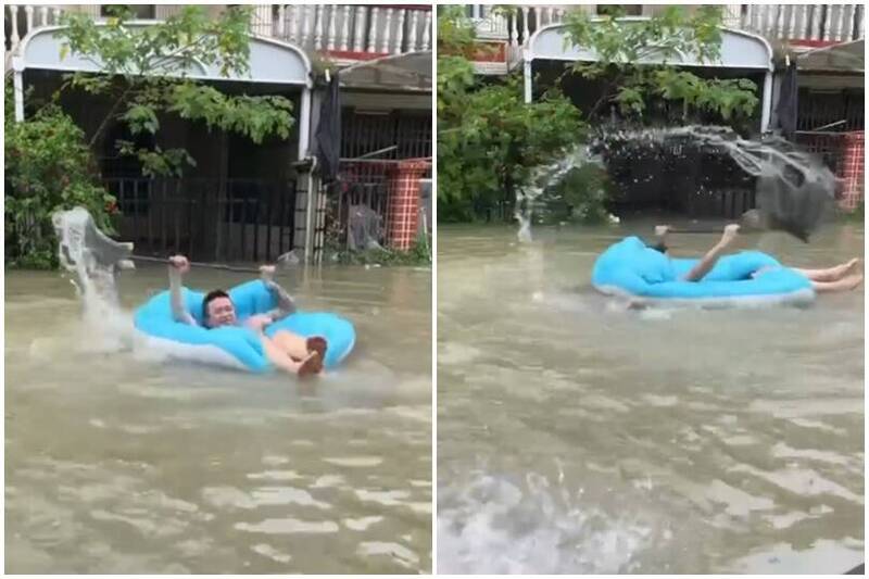 雨灌嘉義慘變汪洋！男坐泳圈划船喊：苦中作樂