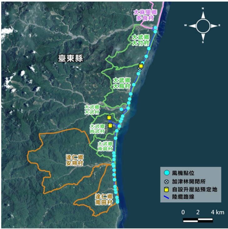 民間業者在環評論壇公告將在南迴海岸設陸域風力發電的配置圖。(記者黃明堂翻攝) 民間業者在環評論壇公告將在南迴海岸設陸域風力發電的配置圖。(記者黃明堂翻攝)
