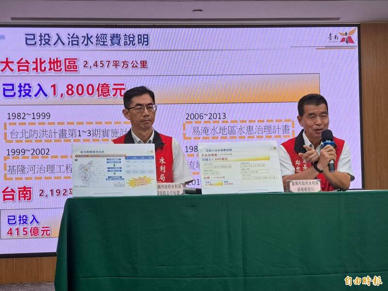 南市水利局長邱忠川（右）召開記者會，強調治水經費投入一定有效，從台南淹水面積大幅減少，可看出治水成效。（記者蔡文居攝）