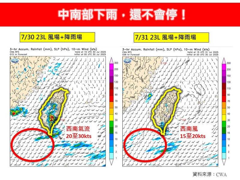 「林老師氣象站」指出,由於環境的西南氣流將漸轉為西南風,苗栗以南地區及東南部的山區仍有短暫陣雨或雷雨,且南部降雨範圍會較廣,中南部地區維持仍有大雨或局部豪雨發生。(圖擷自臉書) 「林老師氣象站」指出,由於環境的西南氣流將漸轉為西南風,苗栗以南地區及東南部的山區仍有短暫陣雨或雷雨,且南部降雨範圍會較廣,中南部地區維持仍有大雨或局部豪雨發生。(圖擷自臉書)