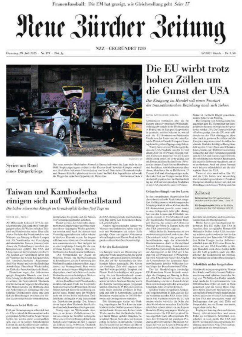 瑞士知名大報《新蘇黎世報》(NZZ)發生大烏龍,竟在頭版刊登「台灣與柬埔寨達成停火協議」。(圖擷自台灣駐慕尼黑辦事處臉書) 瑞士知名大報《新蘇黎世報》(NZZ)發生大烏龍,竟在頭版刊登「台灣與柬埔寨達成停火協議」。(圖擷自台灣駐慕尼黑辦事處臉書)