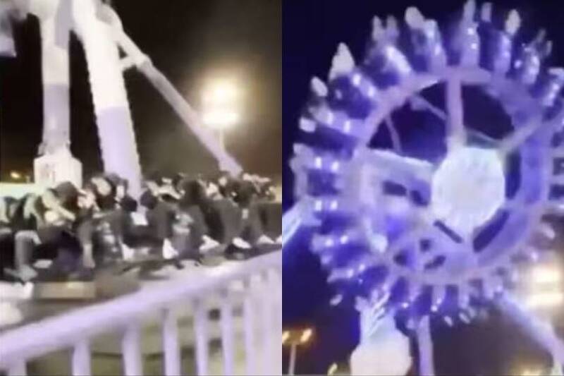 設施突斷成兩截,現場傳出爆裂聲與乘客尖叫聲。(圖擷取自X@ariel_oseran) 設施突斷成兩截,現場傳出爆裂聲與乘客尖叫聲。(圖擷取自X@ariel_oseran)
