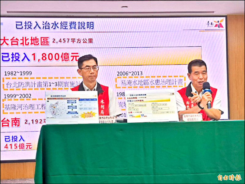 南市水利局長邱忠川(右)召開記者會,強調治水經費的投入一定有效,從台南淹水面積大幅減少,可以看出治水的成效。(記者蔡文居攝) 南市水利局長邱忠川(右)召開記者會,強調治水經費的投入一定有效,從台南淹水面積大幅減少,可以看出治水的成效。(記者蔡文居攝)