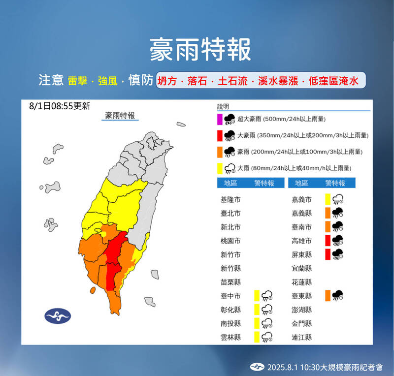 豪雨特報。(圖為中央氣象署提供) 豪雨特報。(圖為中央氣象署提供)