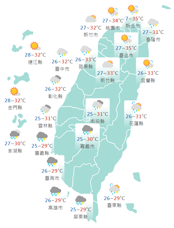 今日各地天氣預報概況。(圖擷取自中央氣象署) 今日各地天氣預報概況。(圖擷取自中央氣象署)