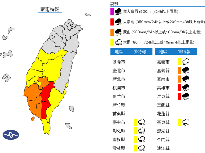 西南風影響,易有短延時強降雨,氣象署今晨對台中以南等10縣市發布大豪雨、豪雨特報。(圖擷取自中央氣象署) 西南風影響,易有短延時強降雨,氣象署今晨對台中以南等10縣市發布大豪雨、豪雨特報。(圖擷取自中央氣象署)