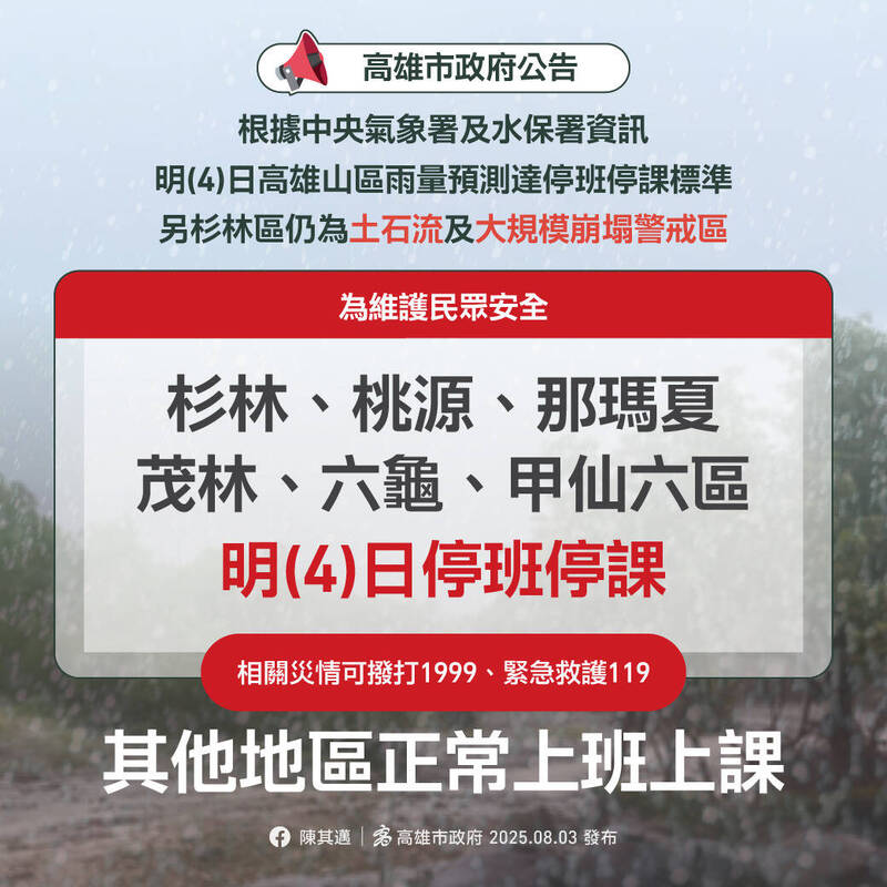 高雄山區6行政區 8/4停班停課