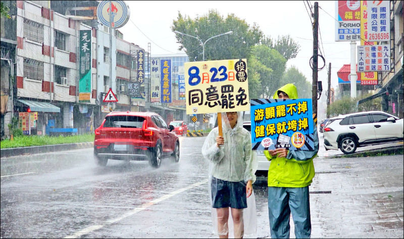 自發投入 罷游顥志工冒雨舉牌