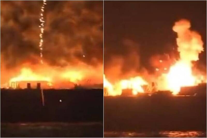 花火失控未升空即爆炸，作業人員跳海逃生，幸未受傷。