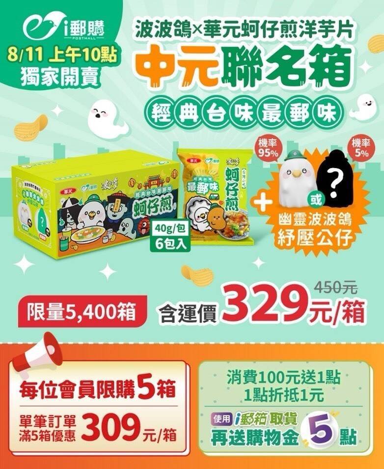 中華郵政「波波鴿x華元蚵仔煎洋芋片」8/11開售 限量5400箱