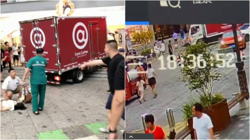 8月6日，中國湖南岳陽一小貨車突然沖入路邊奶茶店，撞倒數人。（網路影片截圖）