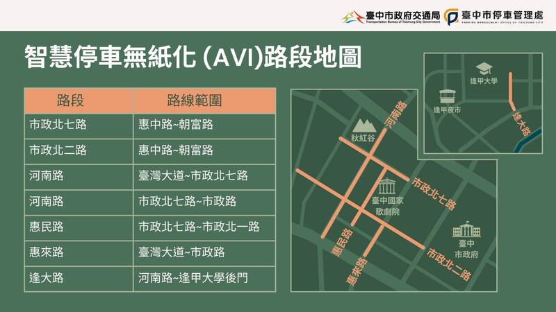 中市首波停車單無紙化啟用範圍。（市府提供）