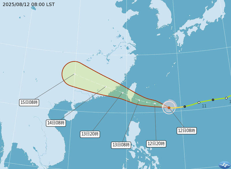 中央氣象署8月12日上午8點的楊柳颱風路徑預測，直奔台灣而來。（中央氣象署提供）