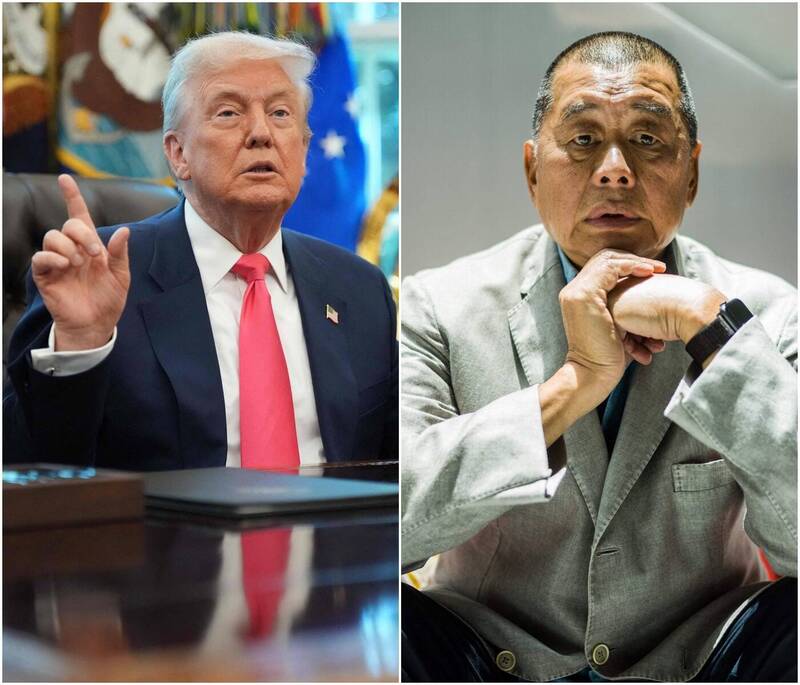 美國總統川普（左）、香港壹傳媒創辦人黎智英（右）。（法新社資料照，本報合成）
