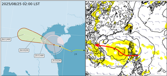 吳德榮稱，最新氣象署「路徑潛勢預測圖」（左）顯示，第13號中颱劍魚今天下午登陸越南；另一熱帶擾動在菲律賓東方海面醞釀，最新歐洲模式模擬（右）顯示，週四起在南海逐漸發展成颱。（圖擷自洩天機教室專欄）