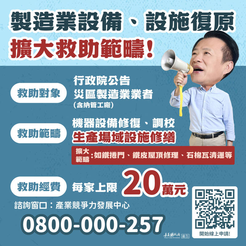 嘉縣工廠災後復原擴大補助內容 最高補助20萬元