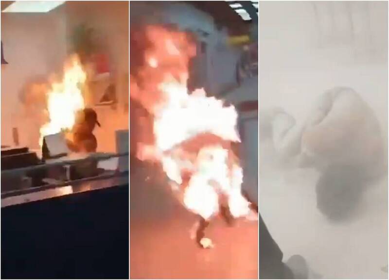 哈薩克阿拉木圖國際機場近日發生點火自焚事故，一名男子疑因錯過班機、無法返家購票，又與妻子電話爭吵後，竟在櫃台前澆灑汽油點火自焚，當場化身「人肉火球」衝出辦公室，嚇壞現場員工與旅客。（圖擷自「@chamnap53」X、本報合成）