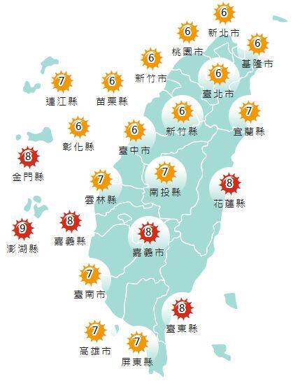 今日各地紫外線指數預報概況。（圖擷取自中央氣象署）