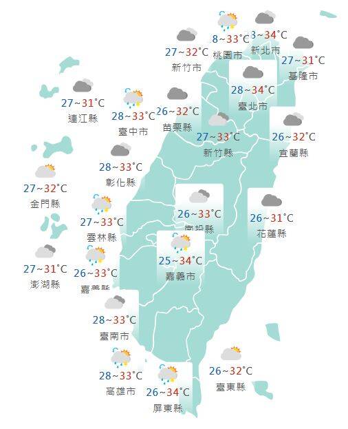 今日各地天氣預報概況。（圖擷取自中央氣象署）