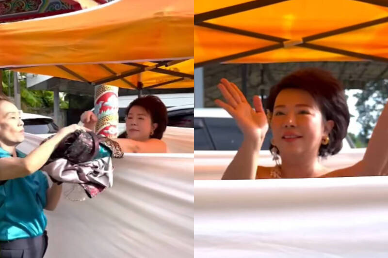 泰國總理貝東塔下台後，國會前議員阿瑪拉特願望成真，遂在寺廟前裸體跳舞進行還願。（本報合成，擷取自Amarat Chokepamitkul/臉書）