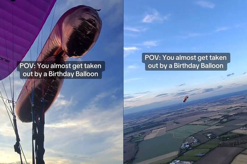 美國男子日前操控動力滑翔傘飛行時，意外遭一顆漂浮的生日氣球纏繞，險些釀成空中事故。（圖截自TikTok／@thenullhypothesis）