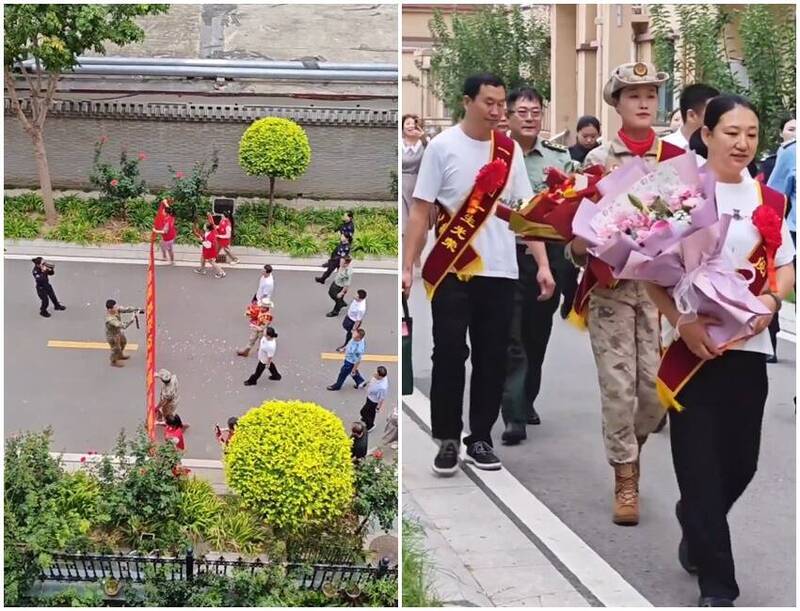 中國不少地區為參加閱兵的軍人舉行隆重的返鄉儀式。（圖翻攝自李老師不是你老師X平台）