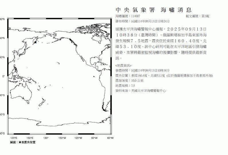俄羅斯7.4強震 氣象署發布海嘯警報