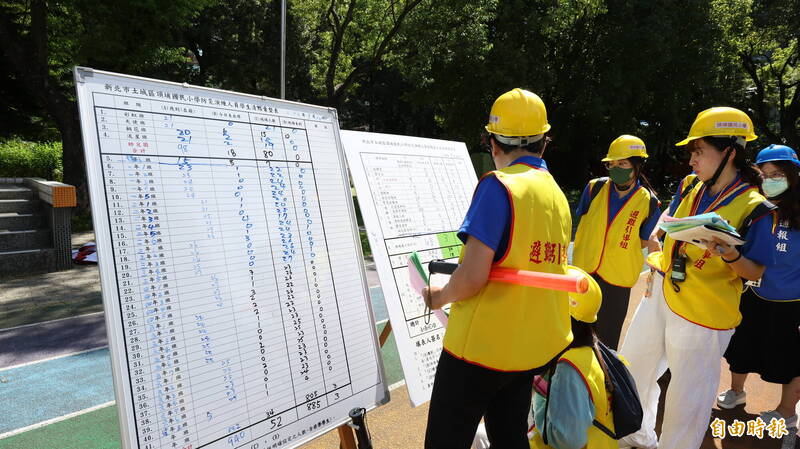 新北市頂埔國小老師模擬掌握災害學生人數。（記者黃政嘉攝）