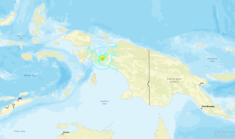 印尼中巴布亞省也發生規模6.1的淺層地震，深度僅10公里，震央位於納比雷鎮以南約28公里處。（圖擷自USGS）