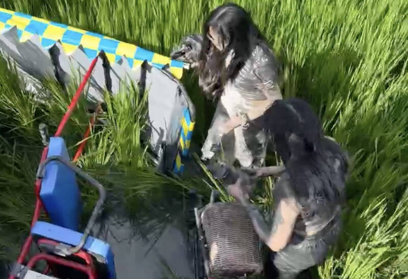 遊客摔車是「金城武樹」旁的日常，但颱風前夕、風更強，狀況更頻繁。（民眾提供）