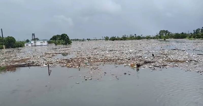 花蓮光復鄉垃圾掩埋場就在馬太鞍溪堤防破口旁，大批垃圾也被水沖走，漂流到附近的淹水的稻田，讓農民看到哭。（民眾提供）